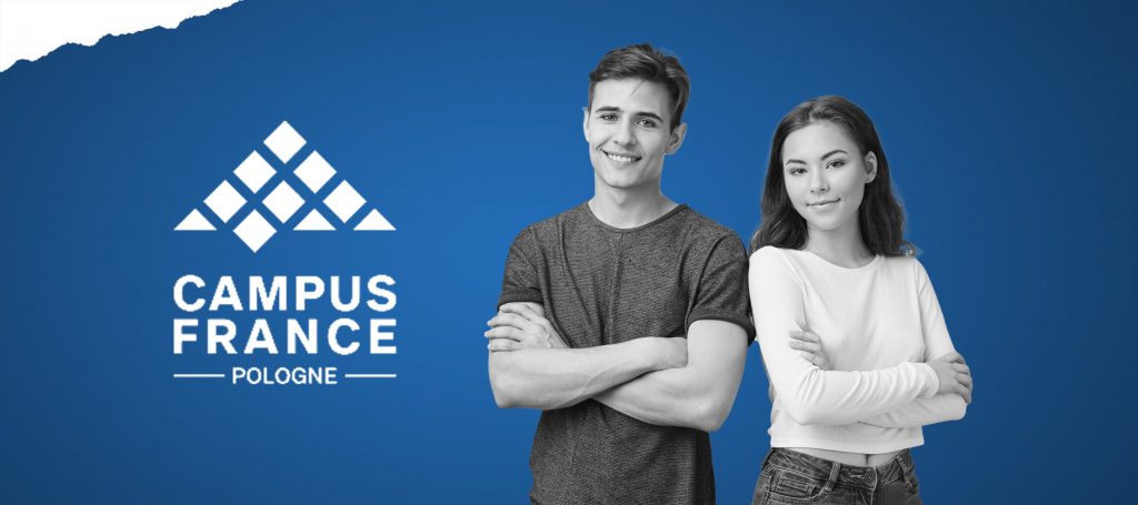 Campus France, młody chłopak i dziewczyna na niebieskim tle