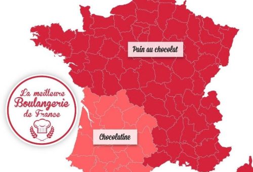 mapa Francji w kolorze czerwonym, zapisane Pain au chocolat, Chocolatine