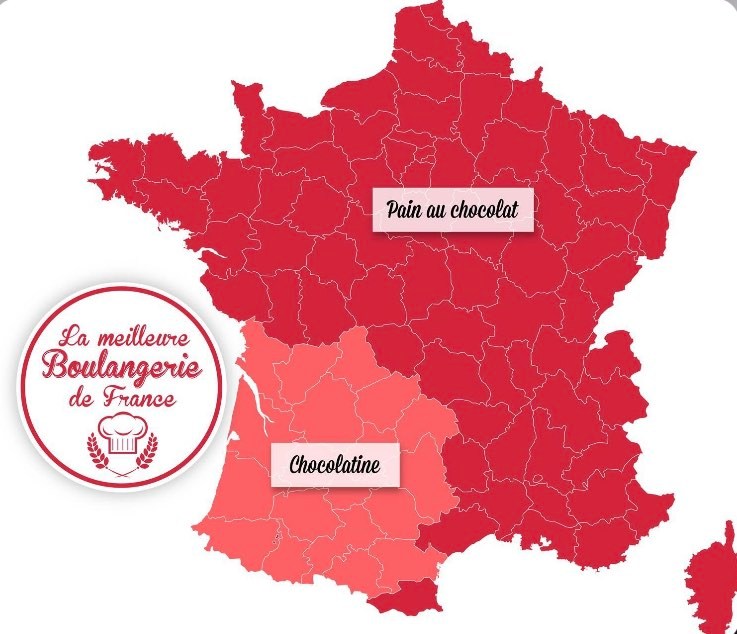 mapa Francji w kolorze czerwonym, zapisane Pain au chocolat, Chocolatine