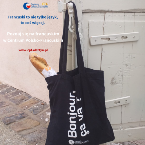 plakat dotyczący zapisów na kursy francuskiego, torba centrum polsko-francuskiego z bagietką zaczepiona na drzwiach
