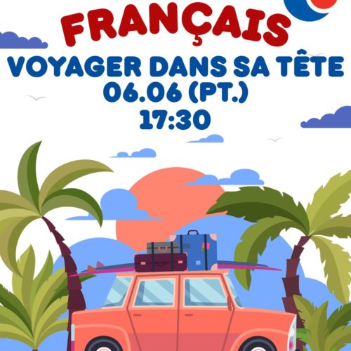 Plakat promujący Cafe Francais. Samochód na tle zachodzącego słońca