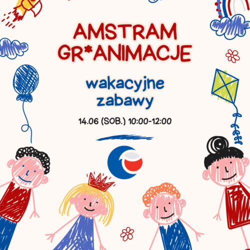 Plakat zapraszający na animacje dla dzieci. Rysunkowe dzieci, w środku informacje dotyczące wydarzenia (nazwa i termin)